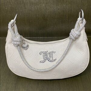 Juicy Couture White/Bone Shoulder Bag with Rhinestone straps and key chain logo